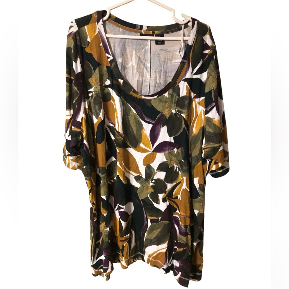 Tahari Floral Green Brown Mustard Yellow Blouse Scoop Neck Shirt Top Plus Sz 3X